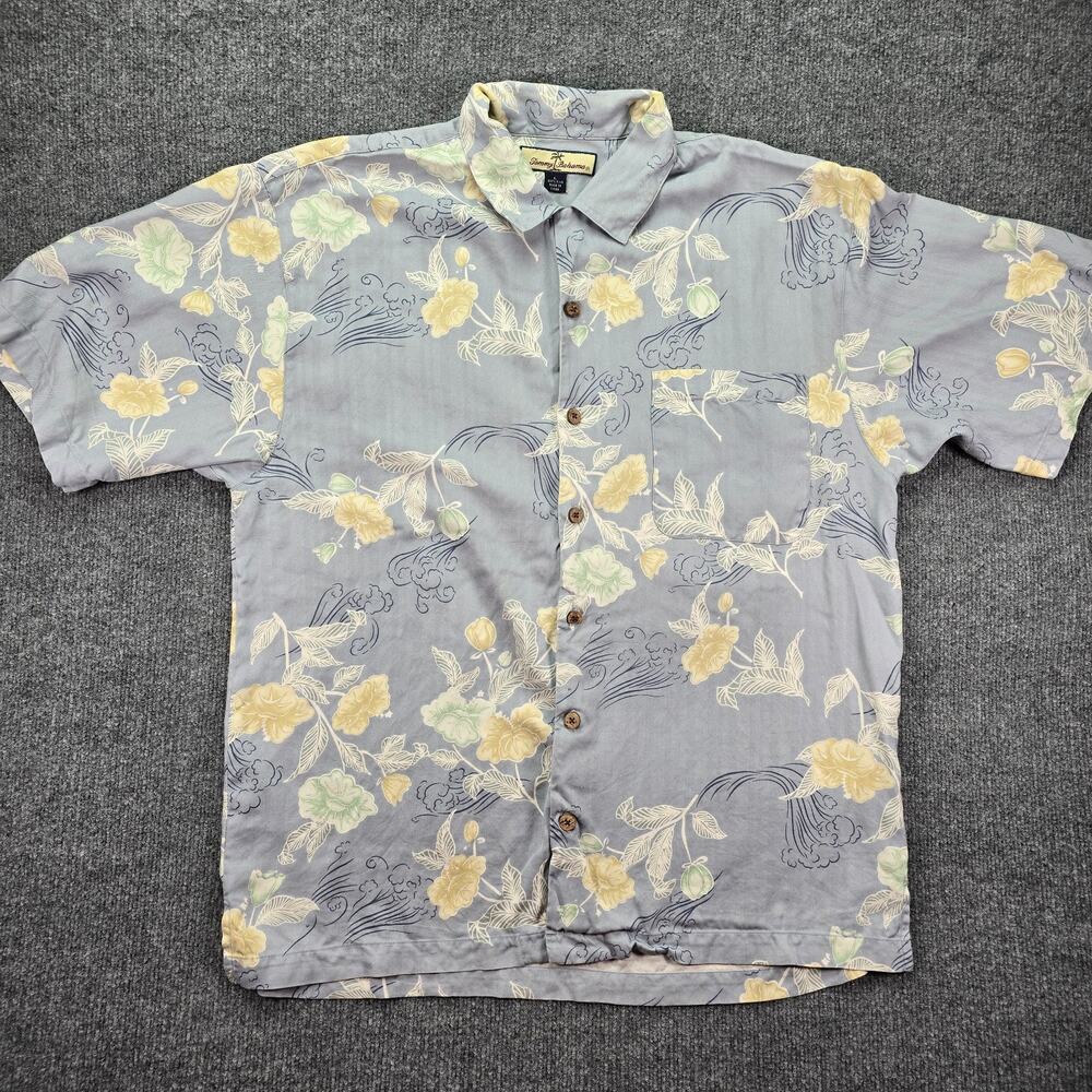 Tommy Bahama Shirt Mens Large 100% Silk Blue Tropical Floral Hawaiian Camp